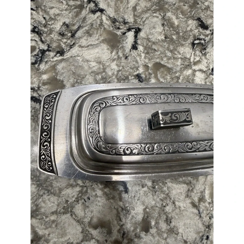 Vintage MCM Metal Ornate Butter Dish With Filigree Design Mid Century
